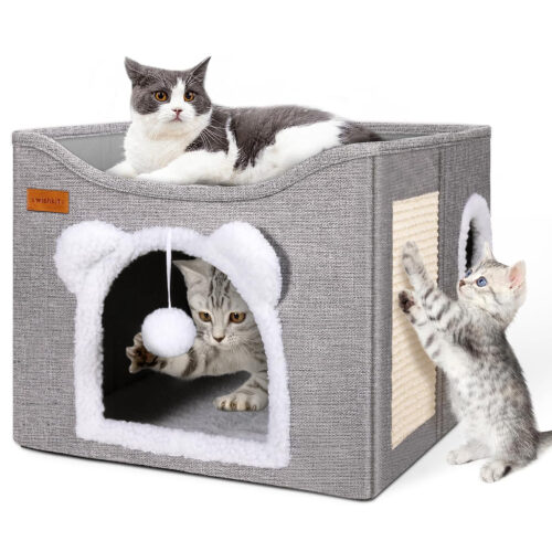 Cueva para gatos con rascador y pelotita colgante