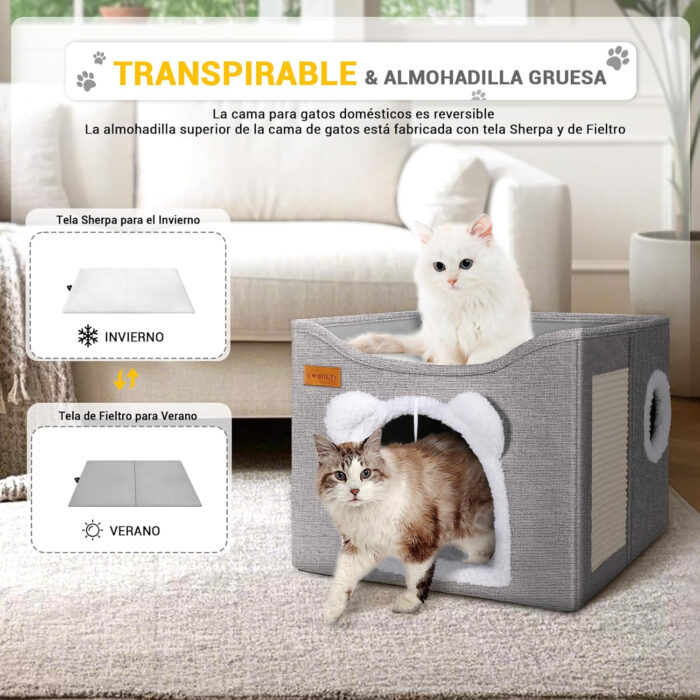 Cueva para gatos con rascador y pelotita colgante