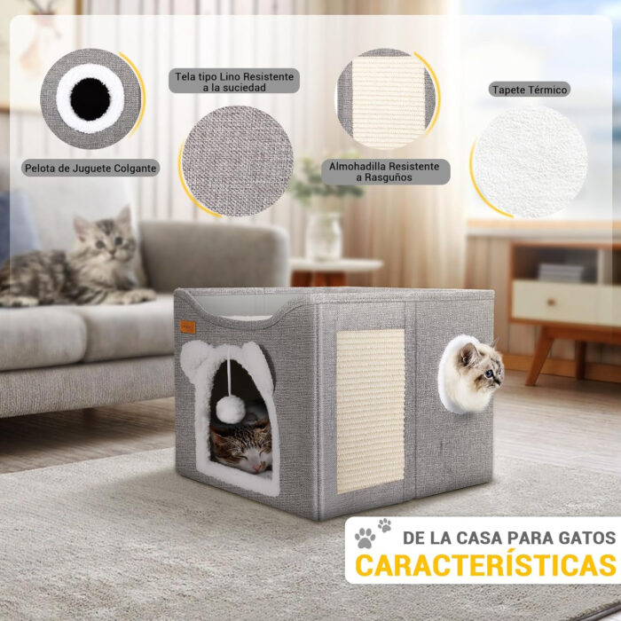 Cueva para gatos con rascador y pelotita colgante