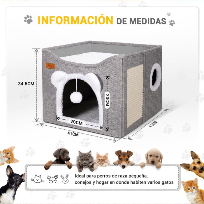 Cueva para gatos con rascador y pelotita colgante