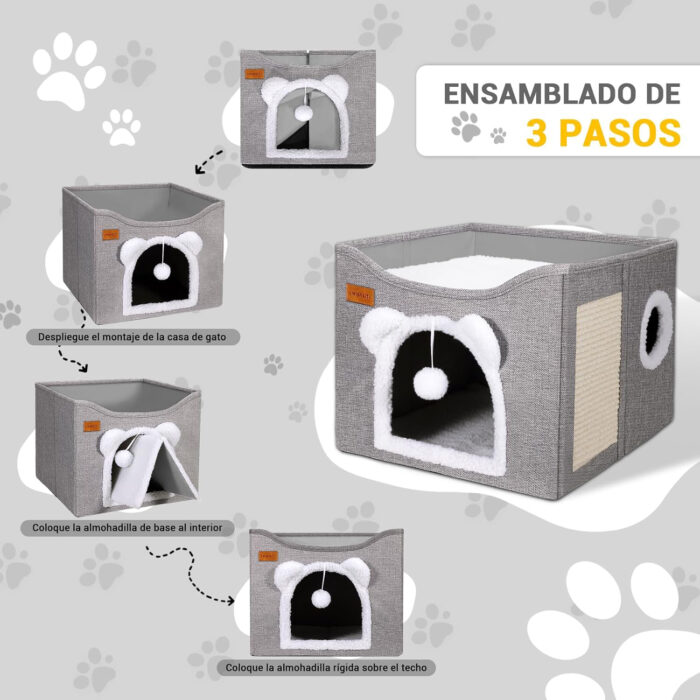 Cueva para gatos con rascador y pelotita colgante