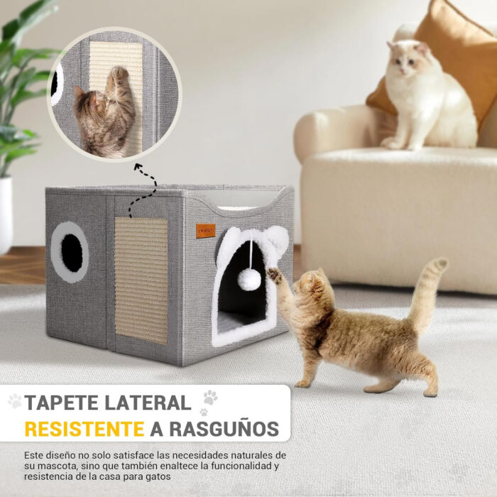 Cueva para gatos con rascador y pelotita colgante