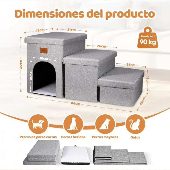 Escalera plegable para perro con respaldo y almacenaje