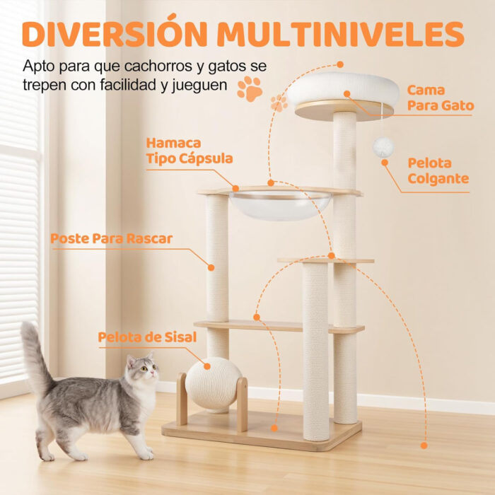 árbol rascador 5 niveles con cúpula transparente para gatos